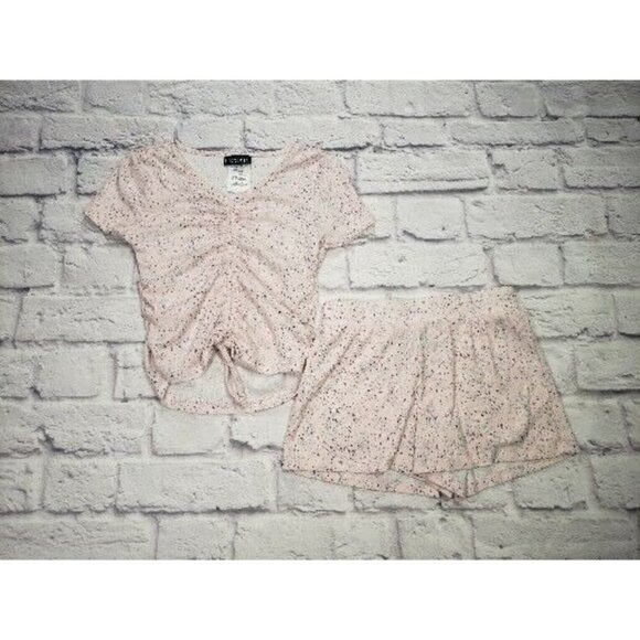 Kidtopia Girls Size 7 Pink Splatter Ruched Front Short-Sleeve Shirt & Short Set - Picture 1 of 8